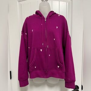 NWT! RARE! Sz L VS PINK Campus Fleece Full Zip Hoodie Jacket Magenta Rose Hearts